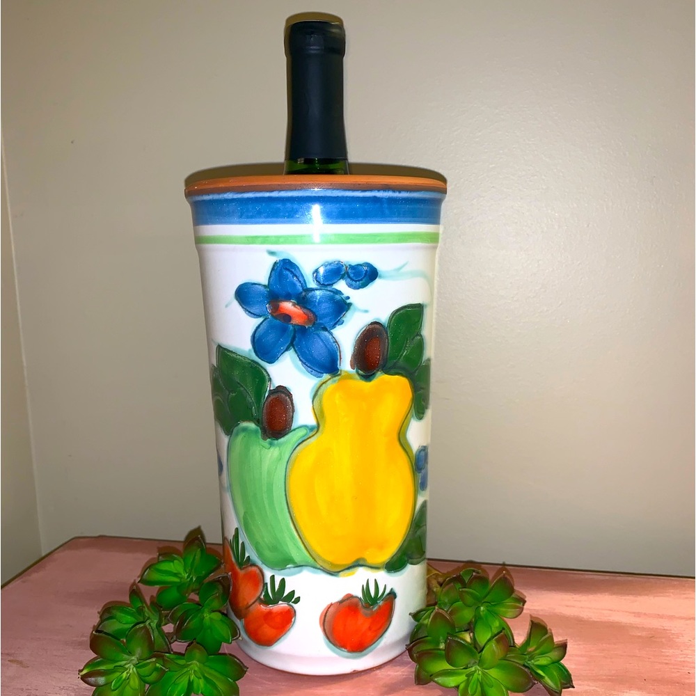 VINTAGE HANDMADE PAINTED RED CLAY POTTERY WINE COOLER OR UTENSIL HOLDER